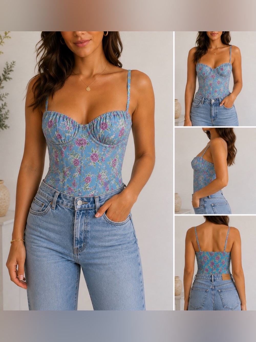 Zara Womens Corset Bodysuit Top Bustier Women’s M Smocked Floral Soft Girl
